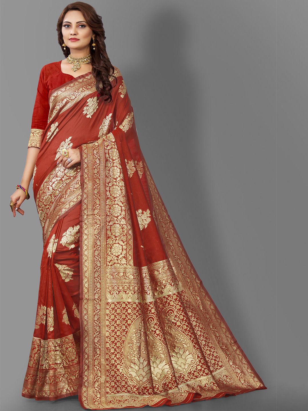 Wuxi Red & Gold-Toned Woven Design Zari Pure Silk Banarasi Saree Price in India