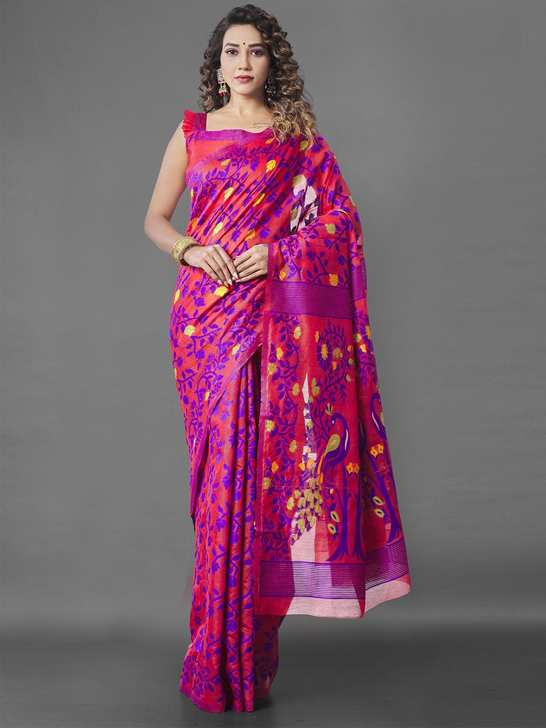 Wuxi Red & Blue Woven Design Zari Pure Cotton Jamdani Saree Price in India