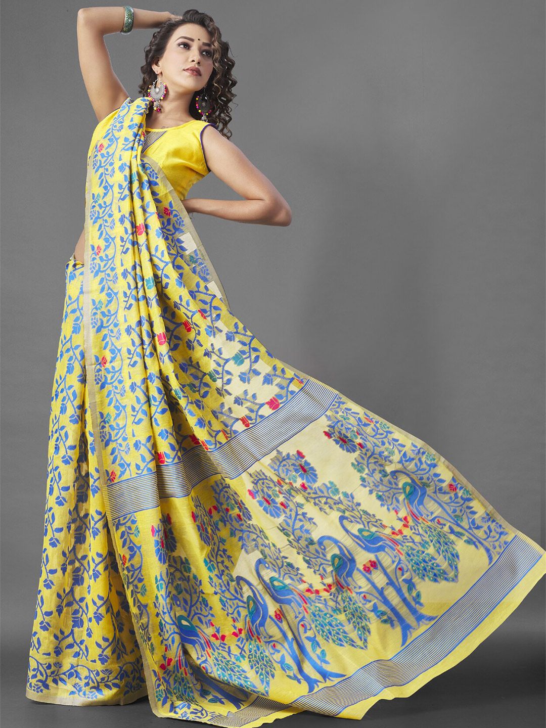 Wuxi Yellow & Blue Woven Design Pure Cotton Jamdani Saree Price in India