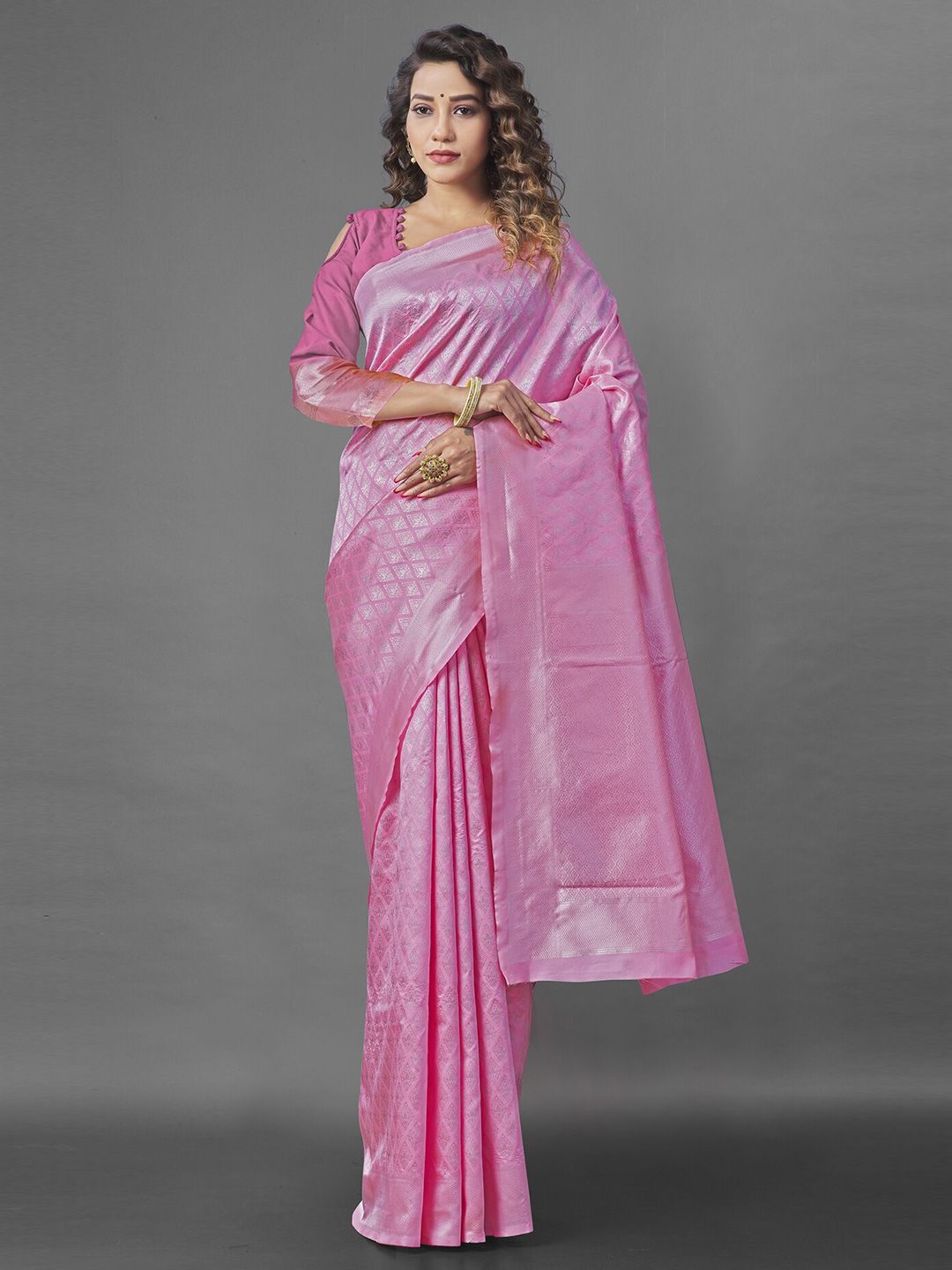 Wuxi Peach-Coloured & Silver-Toned Woven Design Zari Pure Silk Banarasi Saree Price in India