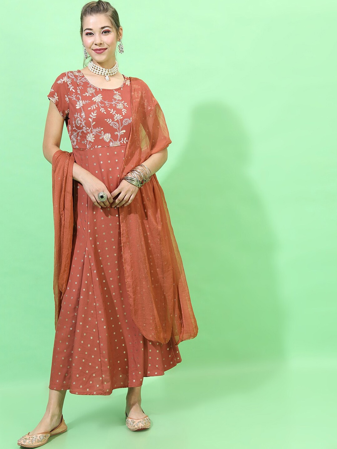 Vishudh Rust Ethnic Motifs Ethnic Maxi Dress with Dupatta Price in India