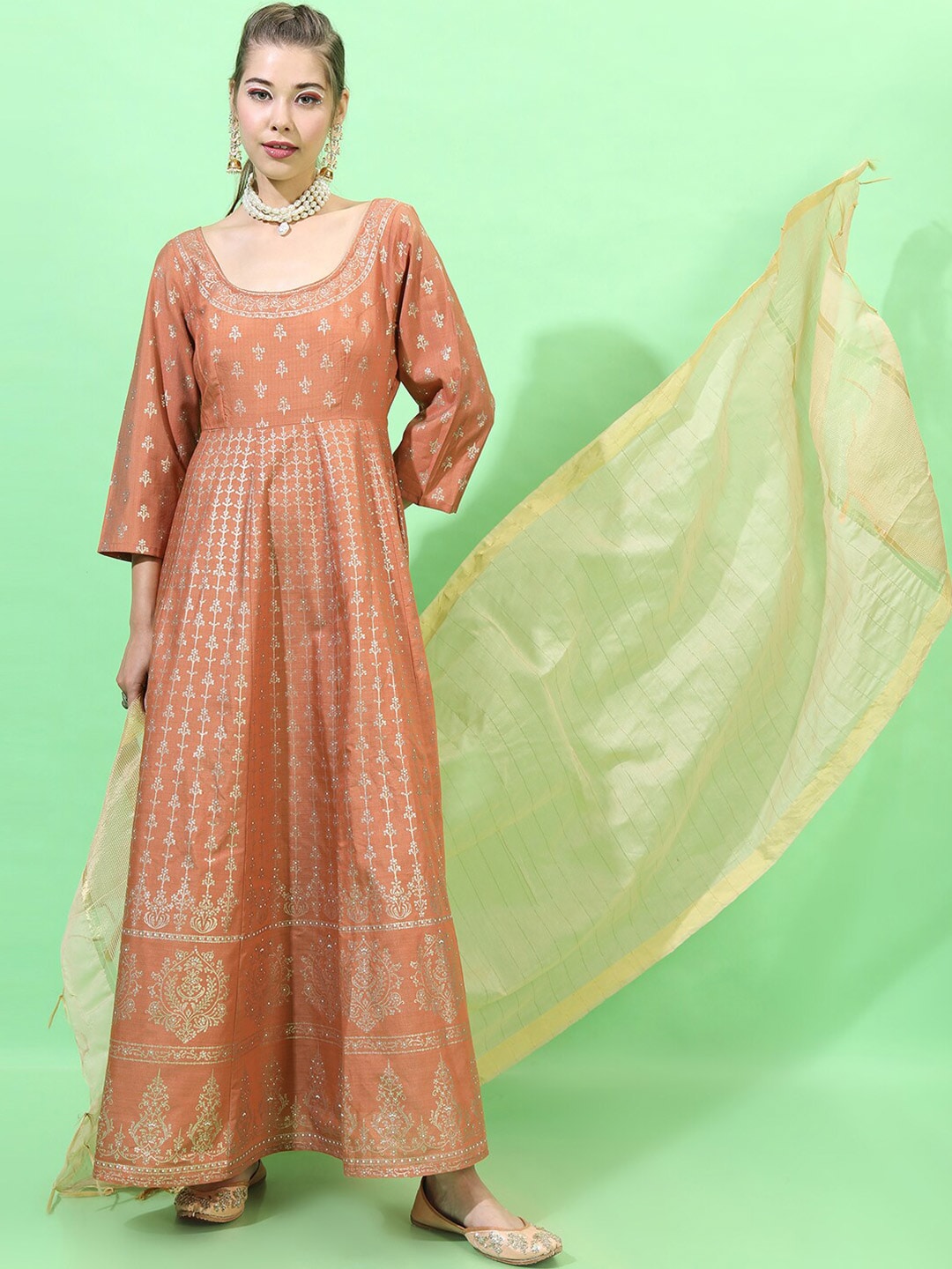 Vishudh Women Rust Ethnic Motifs Dress with Dupatta Price in India