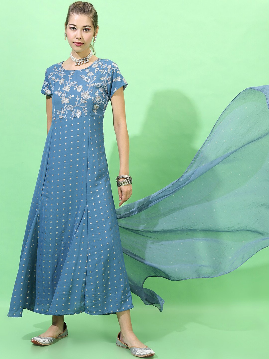 Vishudh Teal Ethnic Motifs Ethnic Maxi Dress Price in India