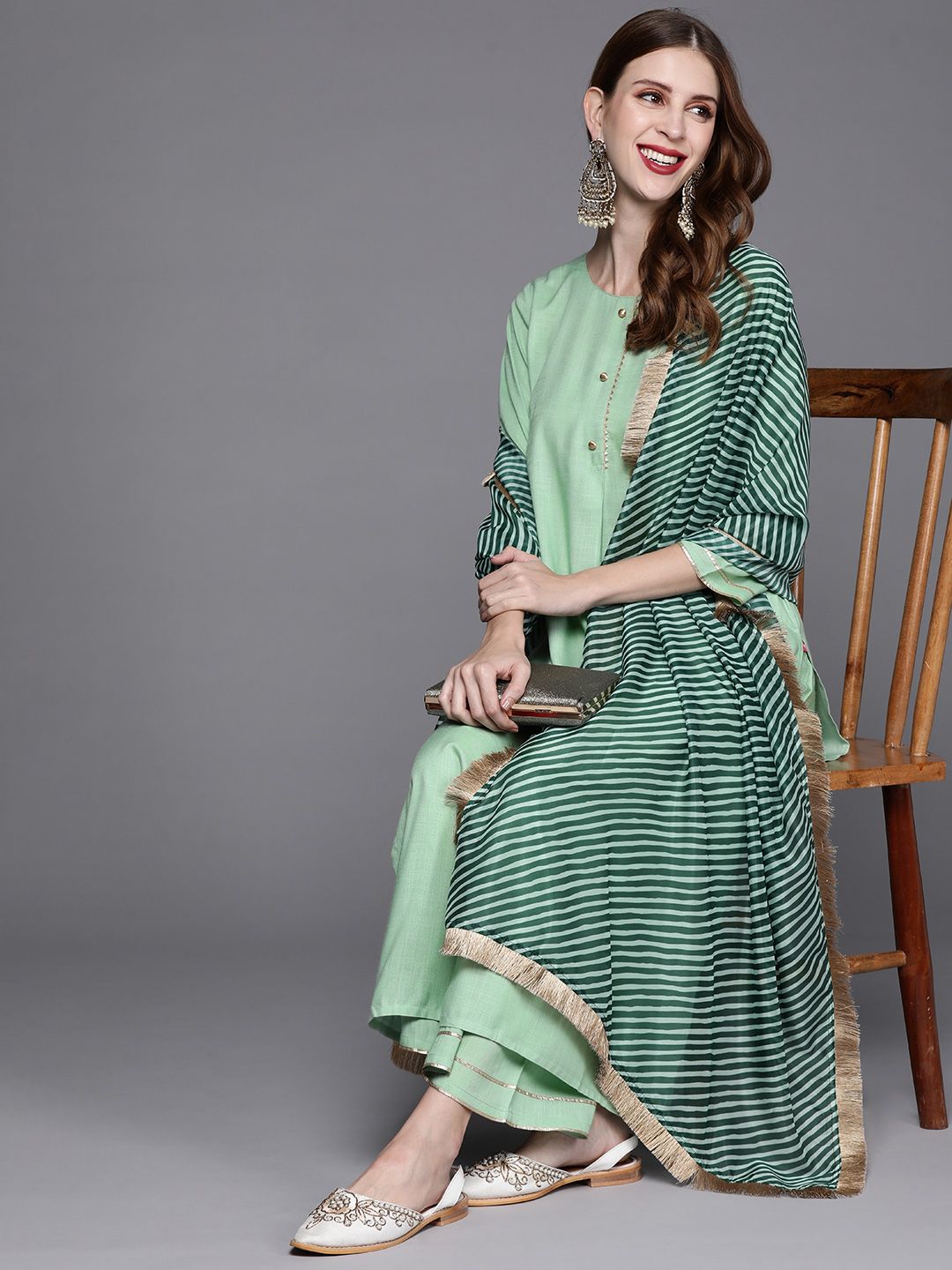 Varanga Women Green Solid Gotta Patti Detail Empire Kurta with Palazzos & With Dupatta Price in India