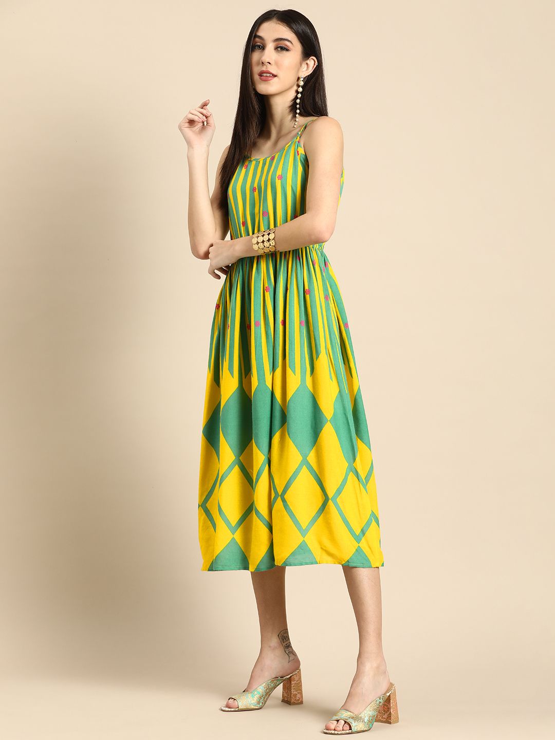 Anouk Women Green & Yellow Geometric Printed Strap Shoulder Midi Dress Price in India