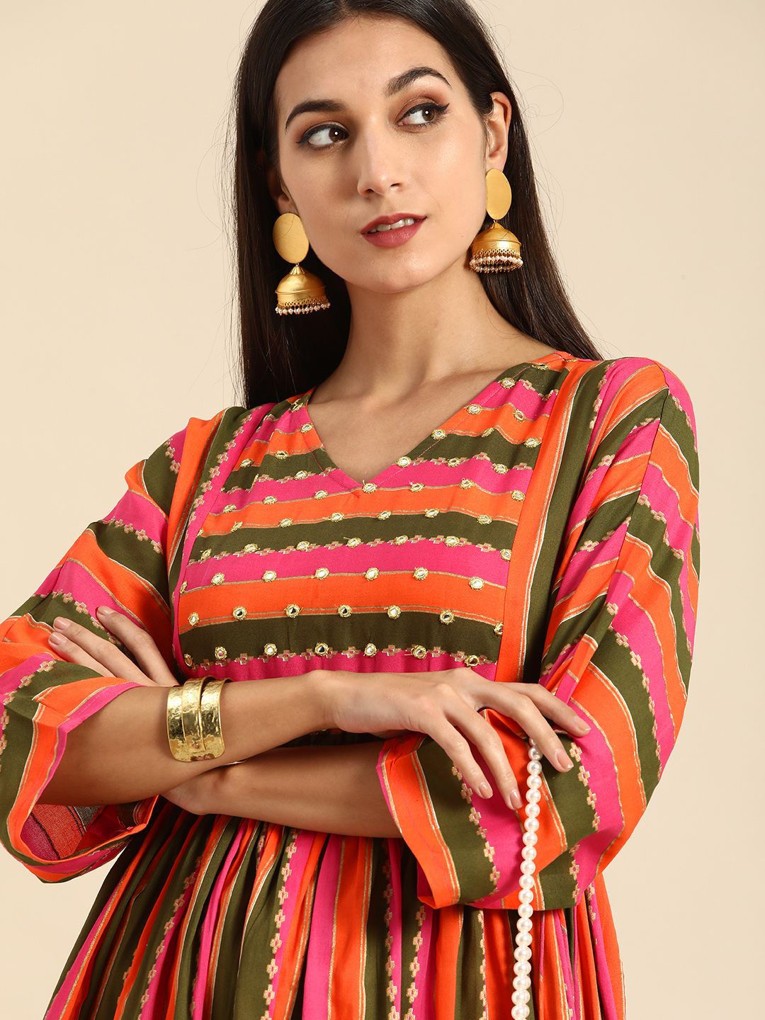 Anouk Women Pink & Orange Striped V-Neck Fit And Flare Ethnic Midi Dress Price in India