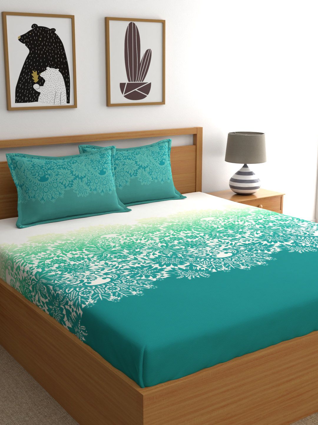 My Room Teal Green & White 140tc 100% Cotton Double Bed Bedsheet with 2 Pillow Cover Price in India