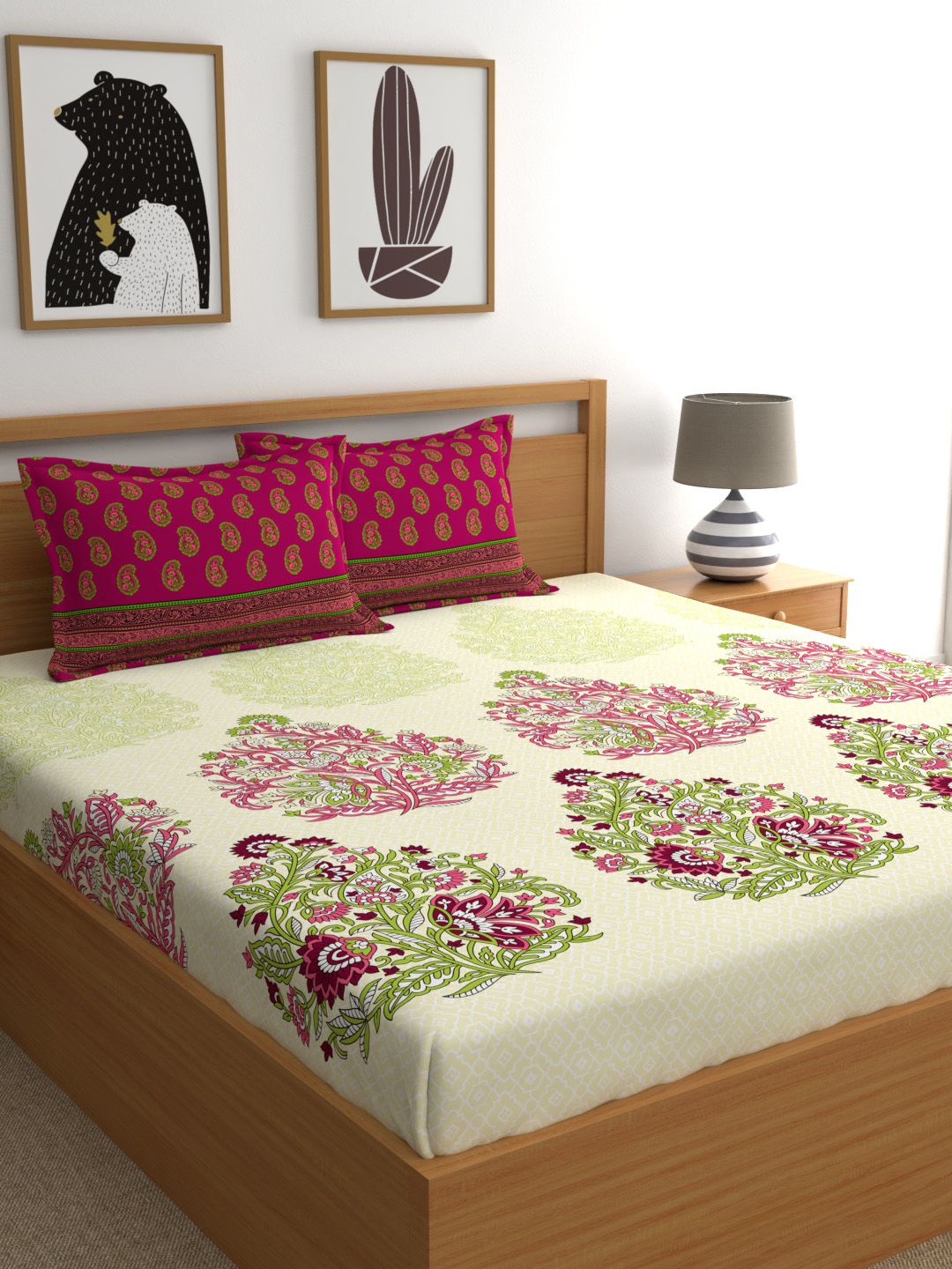 My Room Pink & Green Floral 140 TC King Bedsheet with 2 Pillow Covers Price in India