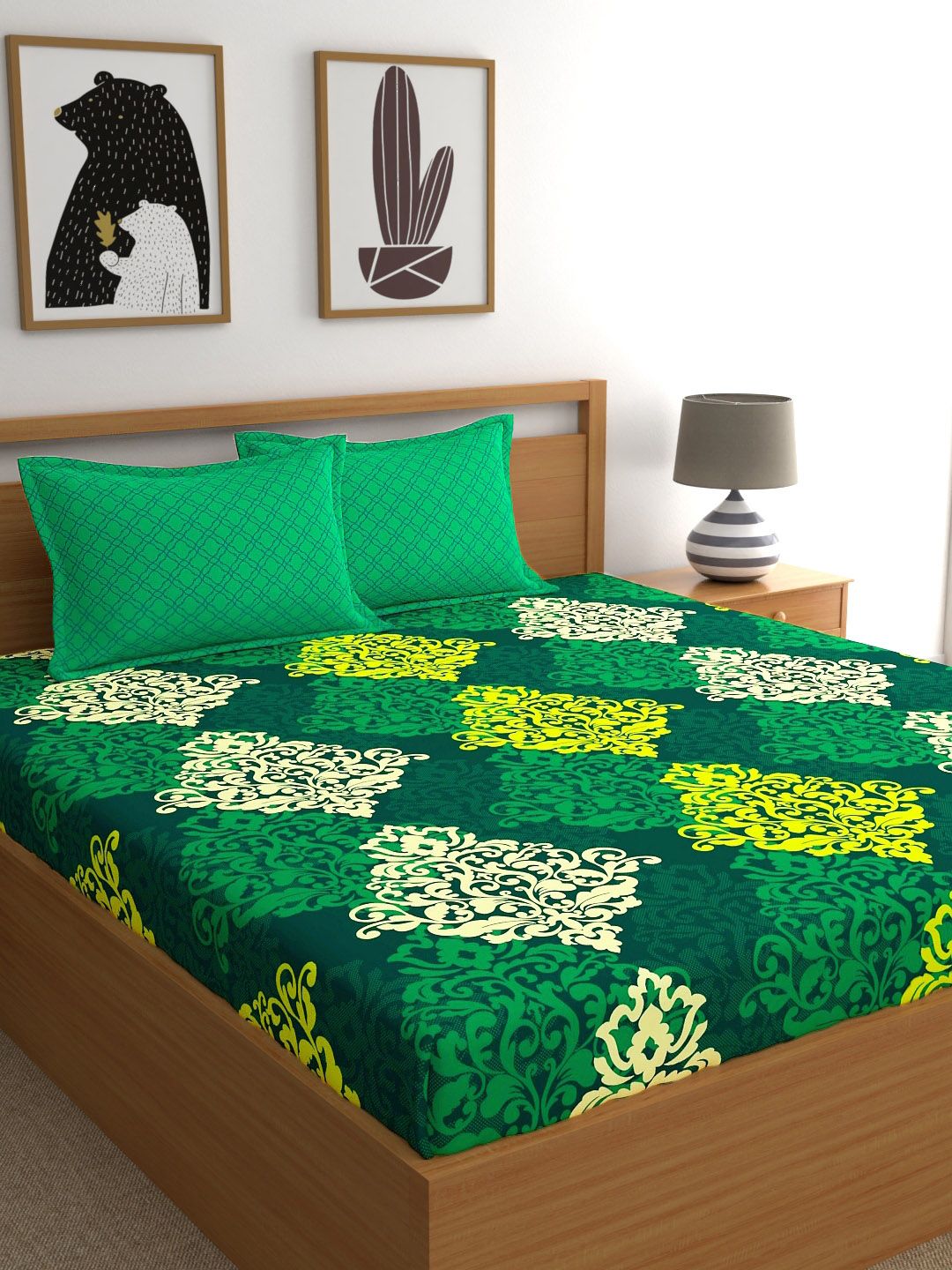 My Room Green & Yellow Ethnic Motifs 140 TC King Bedsheet with 2 Pillow Covers Price in India