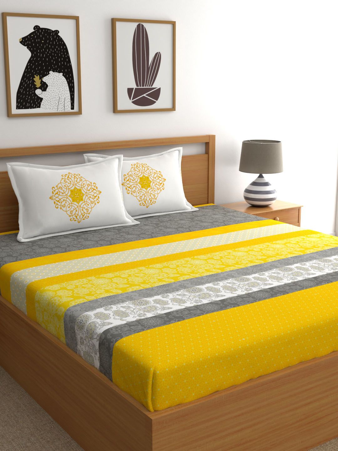 My Room Yellow & Grey Floral 140 TC Queen Bedsheet with 2 Pillow Covers Price in India