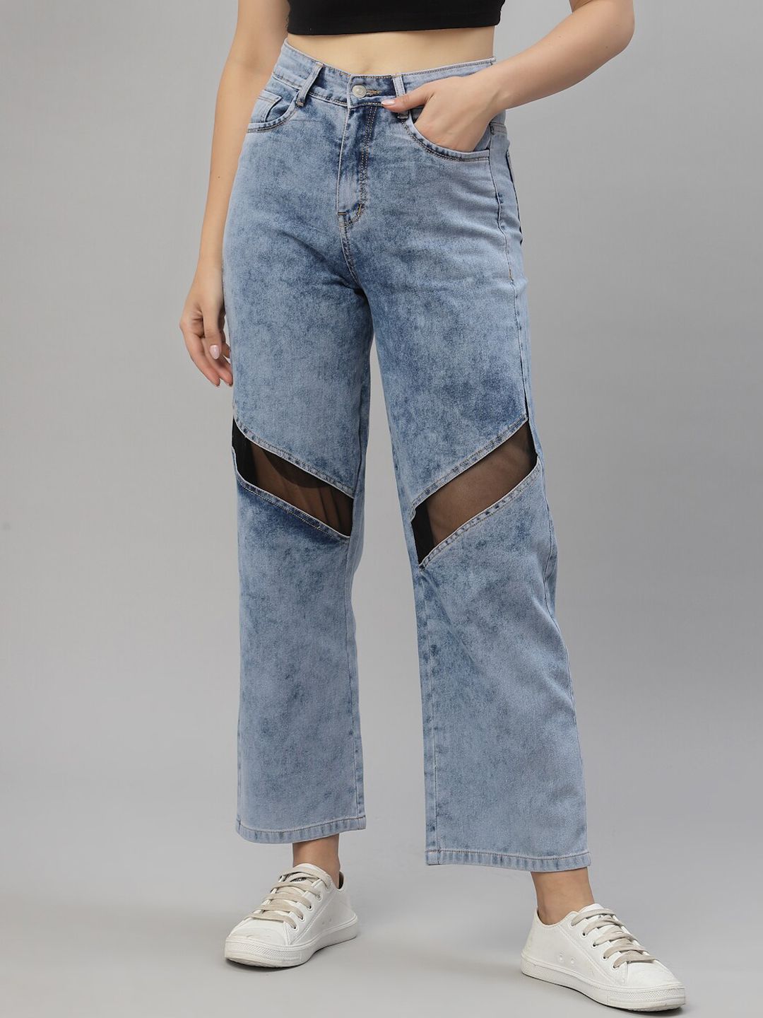 KASSUALLY Women Blue Wide Leg High-Rise Heavy Fade Stretchable Jeans Price in India