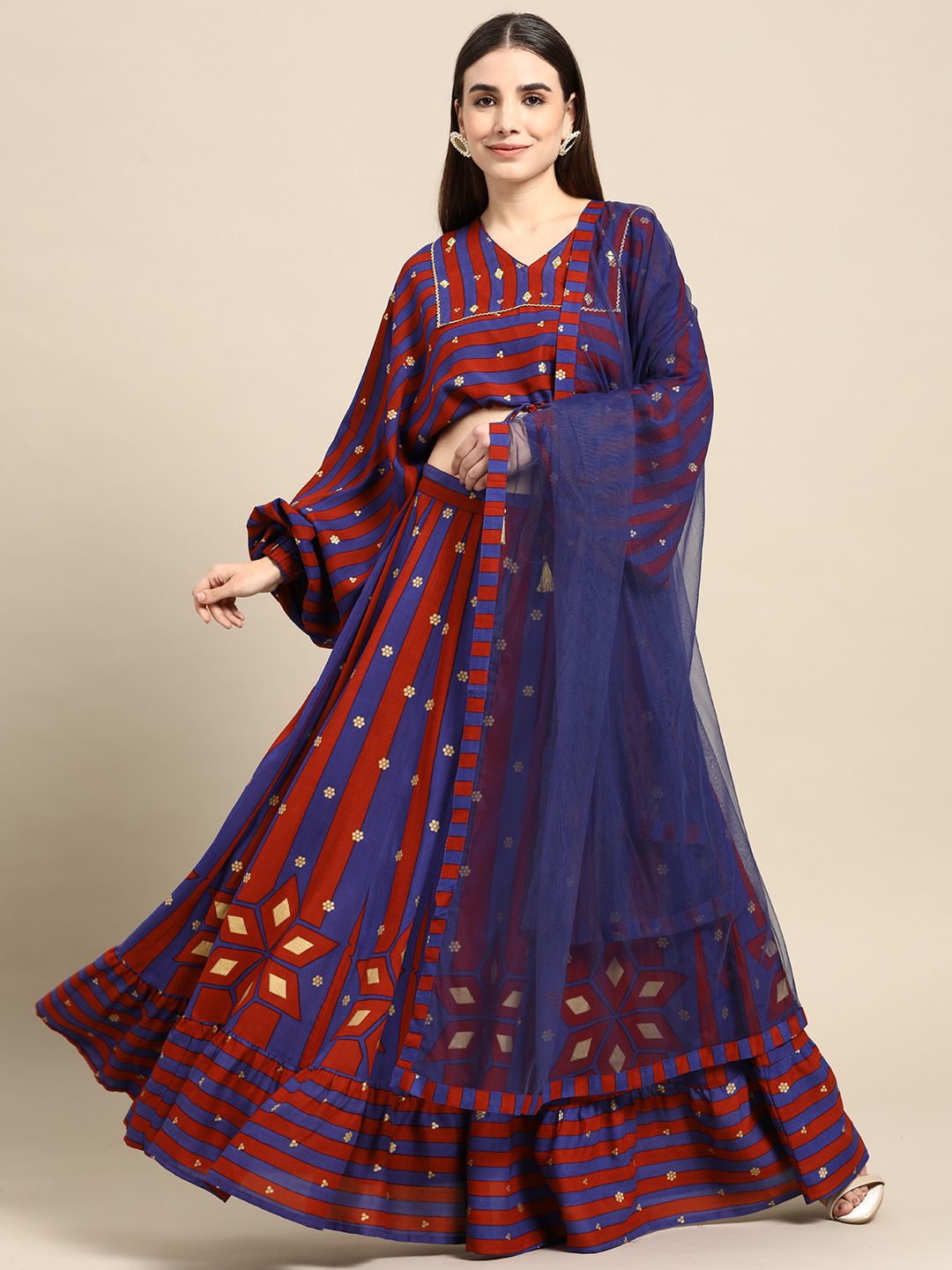 Anouk Navy Blue & Red Striped Ready to Wear Lehenga & Blouse With Dupatta Price in India