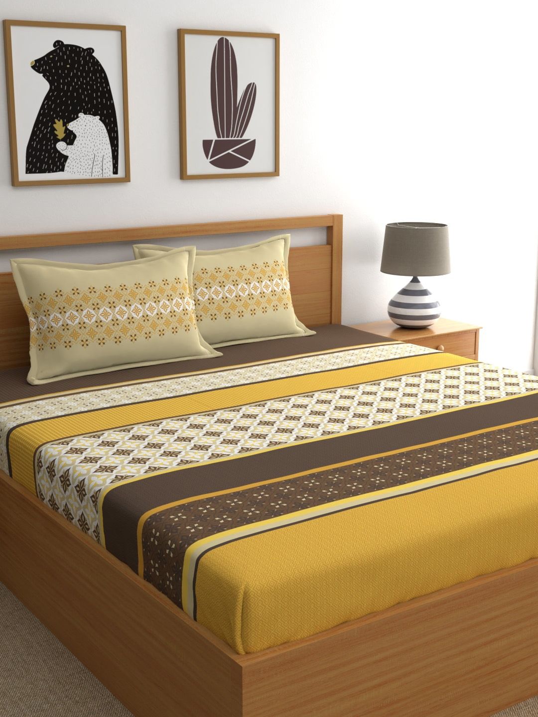 Home Ecstasy Mustard & Cream Ethnic Motifs 140 TC King Bedsheet with 2 Pillow Covers Price in India