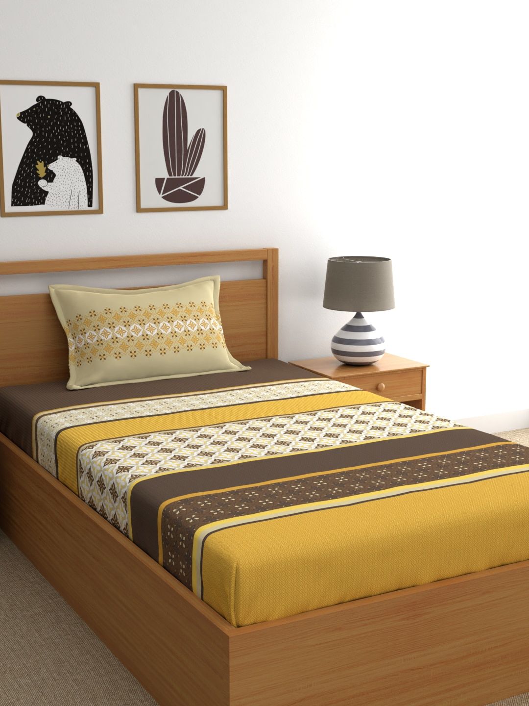 Home Ecstasy Mustard & White Geometric 140 TC Single Bedsheet with 1 Pillow Covers Price in India