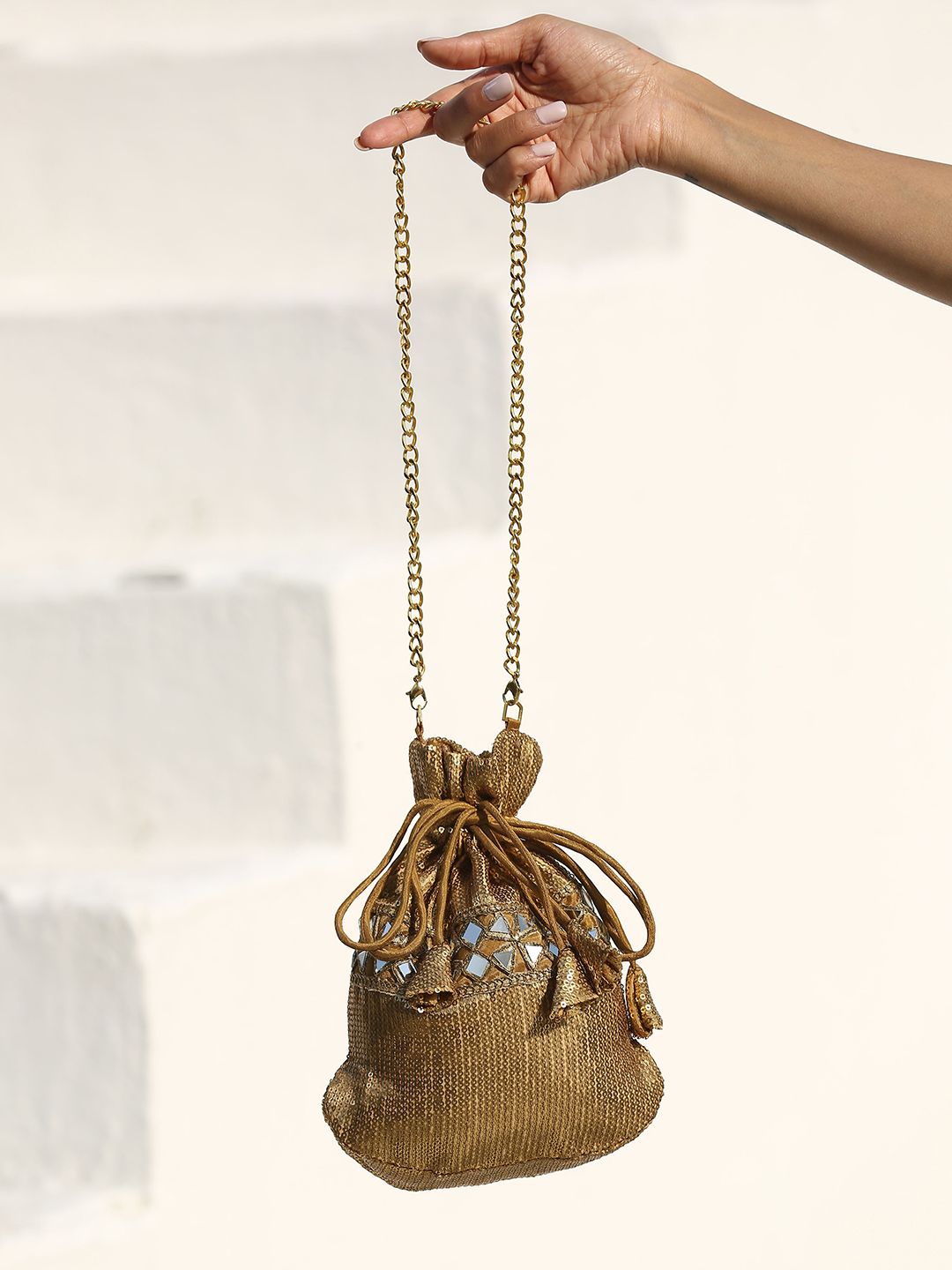 Swtantra Gold-Toned Structured Handheld Bag Price in India