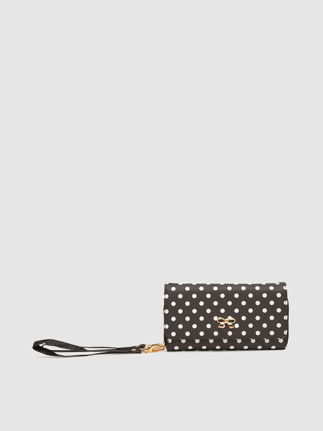 Globus Women Black & White Geometric Printed Bow Detail PU Zip Around Wallet Price in India