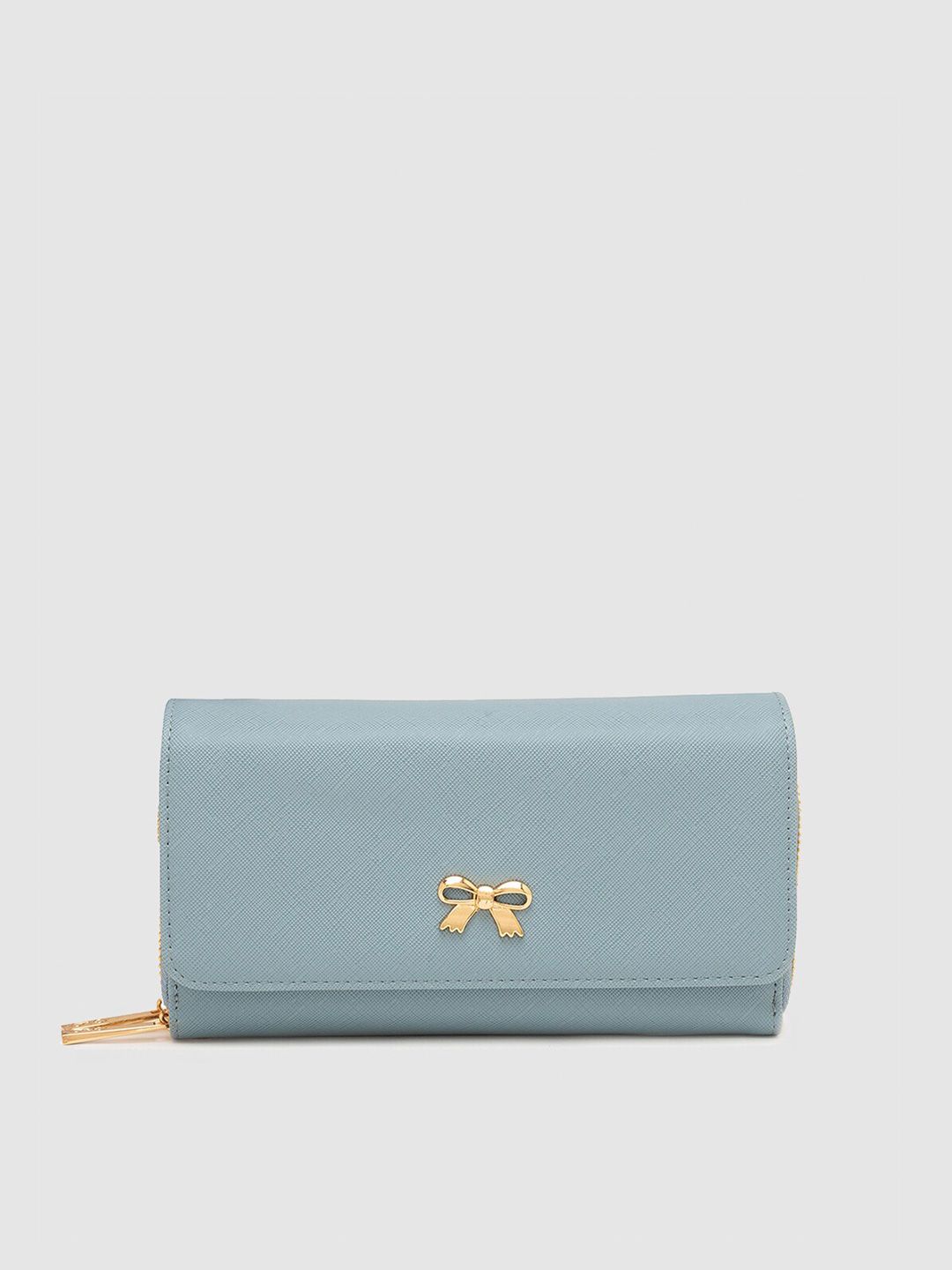 Globus Women Blue & Gold-Toned Bow Detail PU Zip Around Wallet Price in India