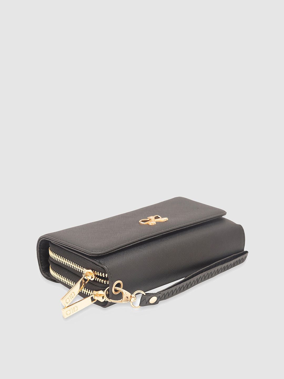 Globus Women Black & Gold-Toned Bow Detail PU Zip Around Wallet Price in India