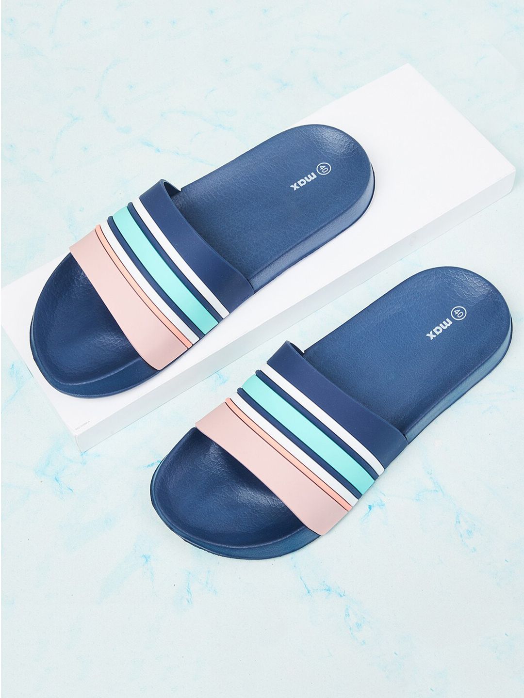 max Women Blue & Pink Striped Sliders Price in India