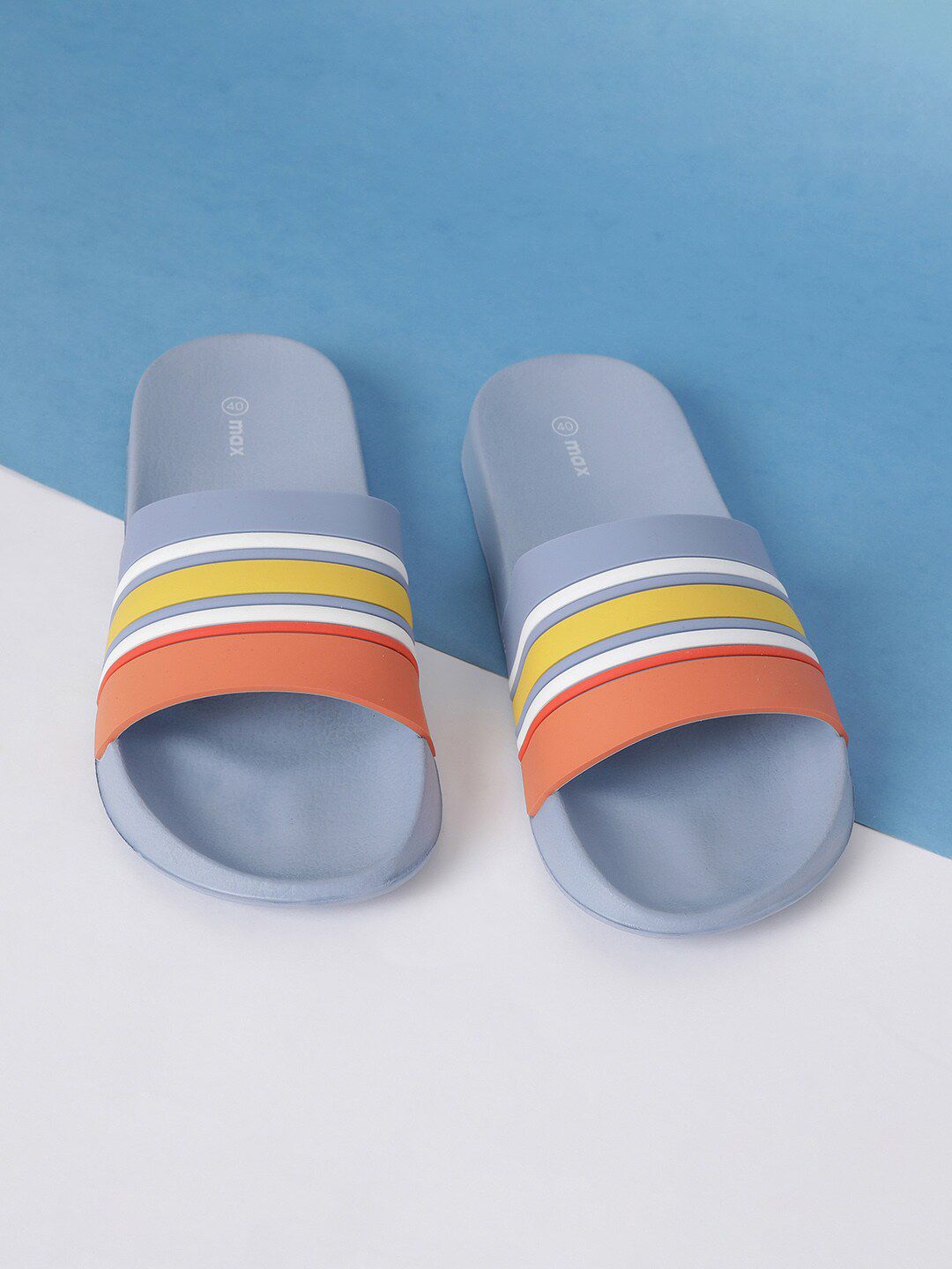 max Women Blue & Orange Striped Sliders Price in India