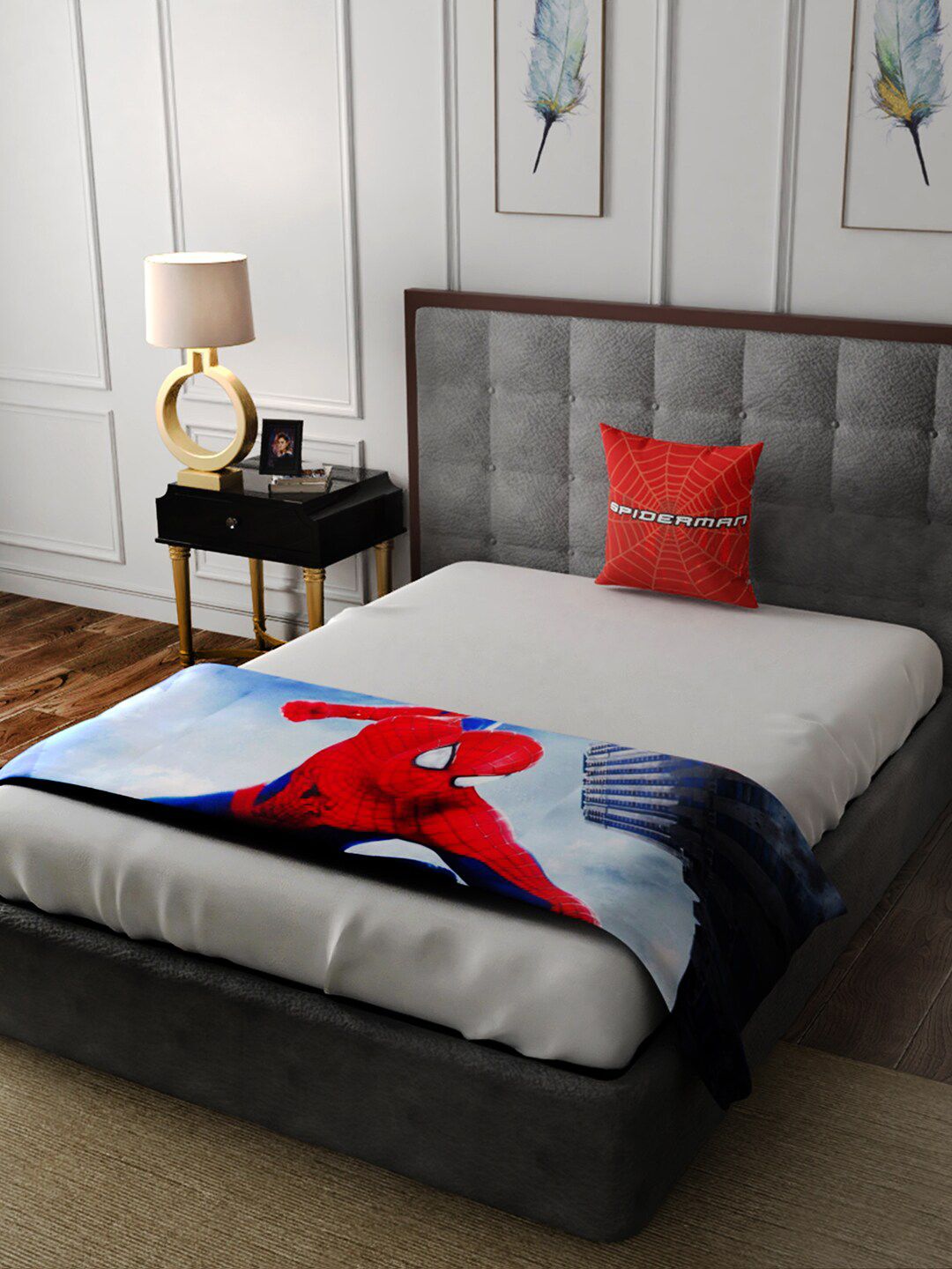 Marvel Boys Blue Spider Man Printed Single Bed Runners With One Cushion Cover Price in India