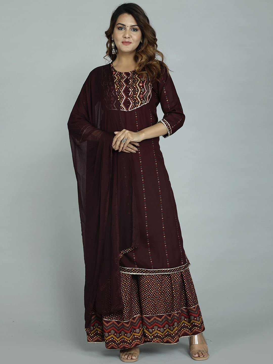 gvs shoppe Women Maroon Ethnic Motifs Embroidered Kurta with Sharara & With Dupatta Price in India