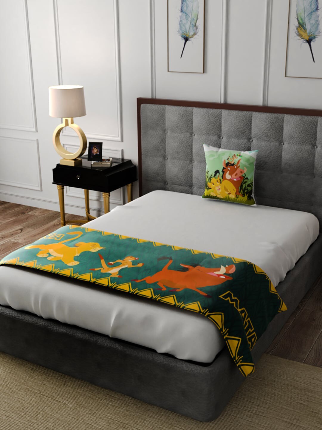 Disney Kids Green & Yellow Simba Printed Bed Runner With Cushion Cover Price in India