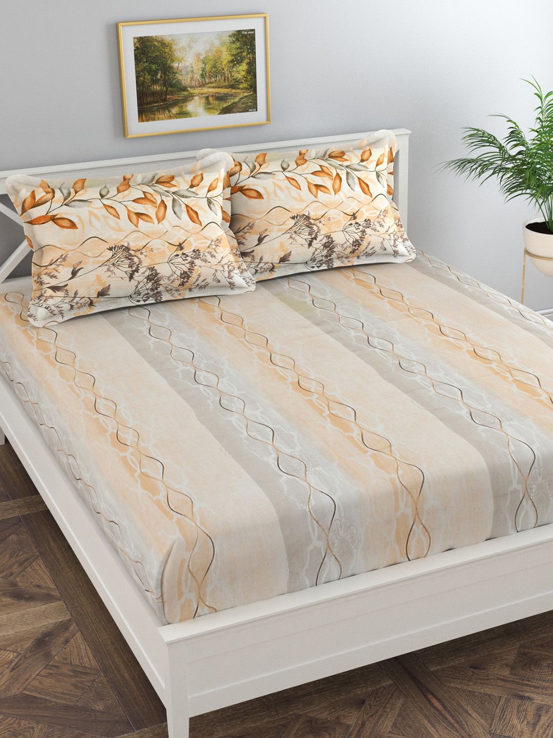 Florida Beige & Grey Geometric 300 TC King Bedsheet with 2 Pillow Covers Price in India