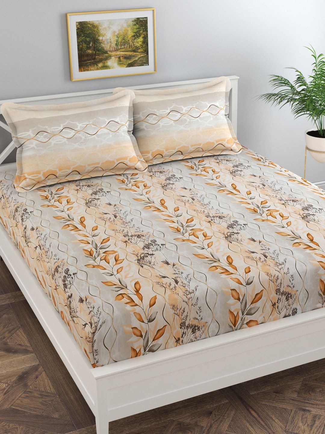 Florida Beige & Grey Floral 300 TC King Bedsheet with 2 Pillow Covers Price in India