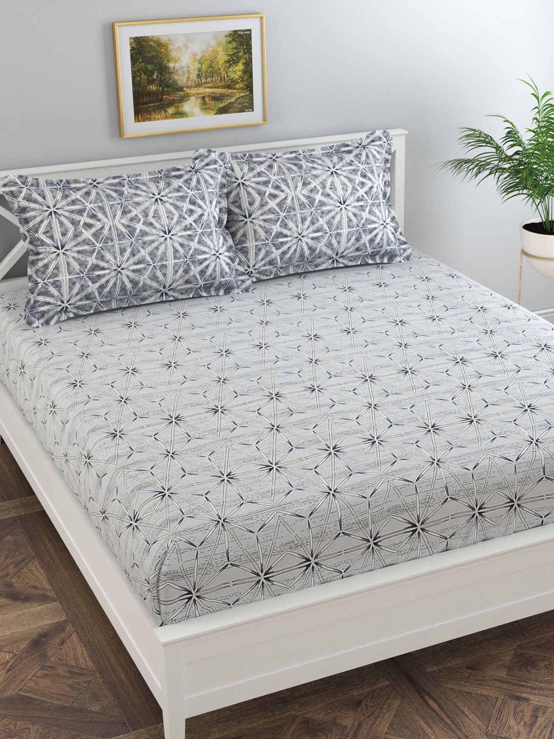 Florida Grey & White Geometric 300 TC King Bedsheet with 2 Pillow Covers Price in India