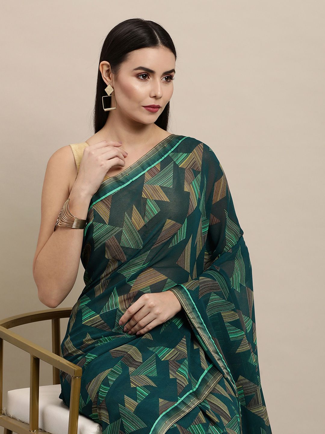 Vishal Prints Green & Brown Abstract Print Saree