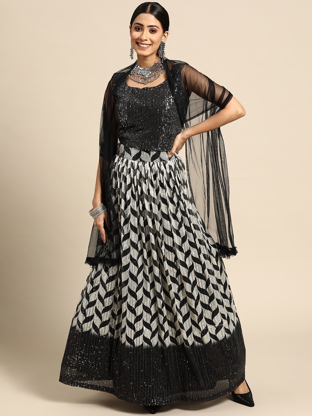 Sangria Black & White Embellished Sequinned Semi-Stitched Lehenga & Blouse With Dupatta Price in India