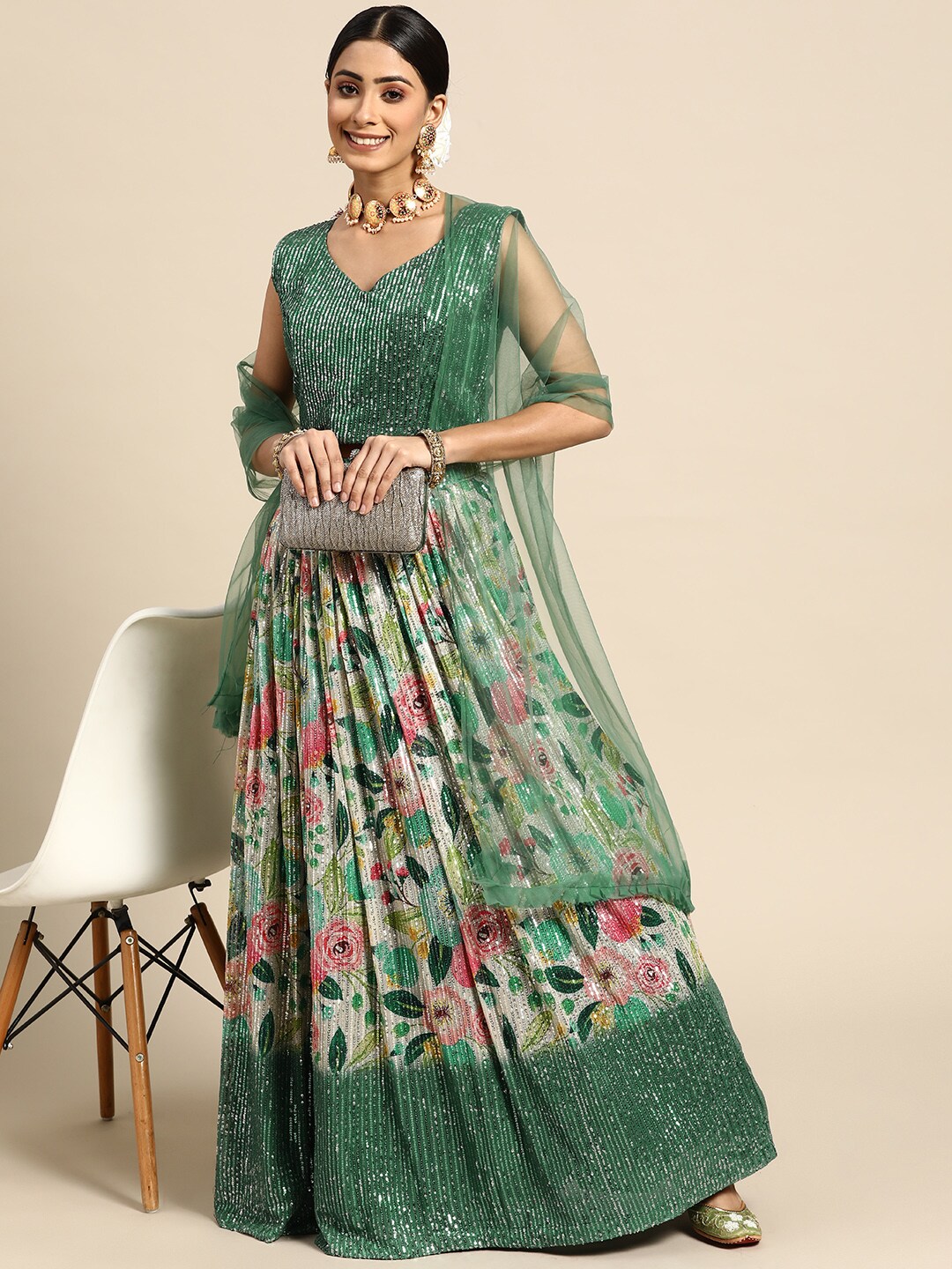 Sangria Green & Pink Embellished Sequinned Semi-Stitched Lehenga & Blouse With Dupatta Price in India