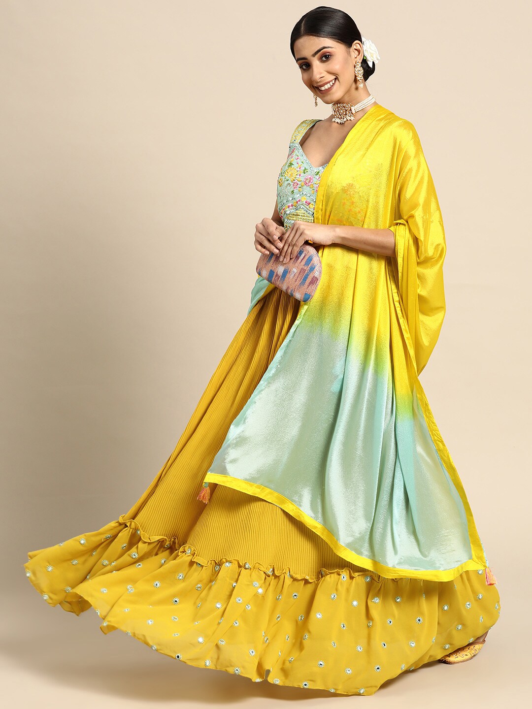 Sangria Sea Green & Mustard Embroidered Thread Work Semi-Stitched Lehenga & Blouse With Dupatta Price in India