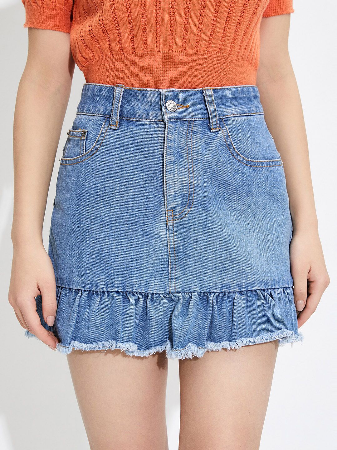URBANIC Women Blue Solid Ruffle A-Line Denim Skirt