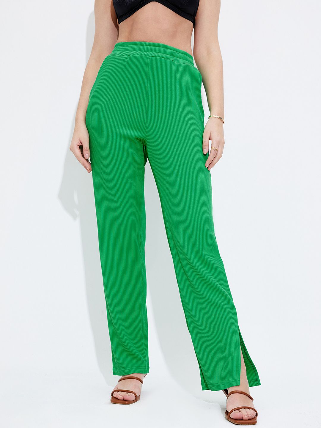 URBANIC Women Green Wide Leg Trousers Price in India