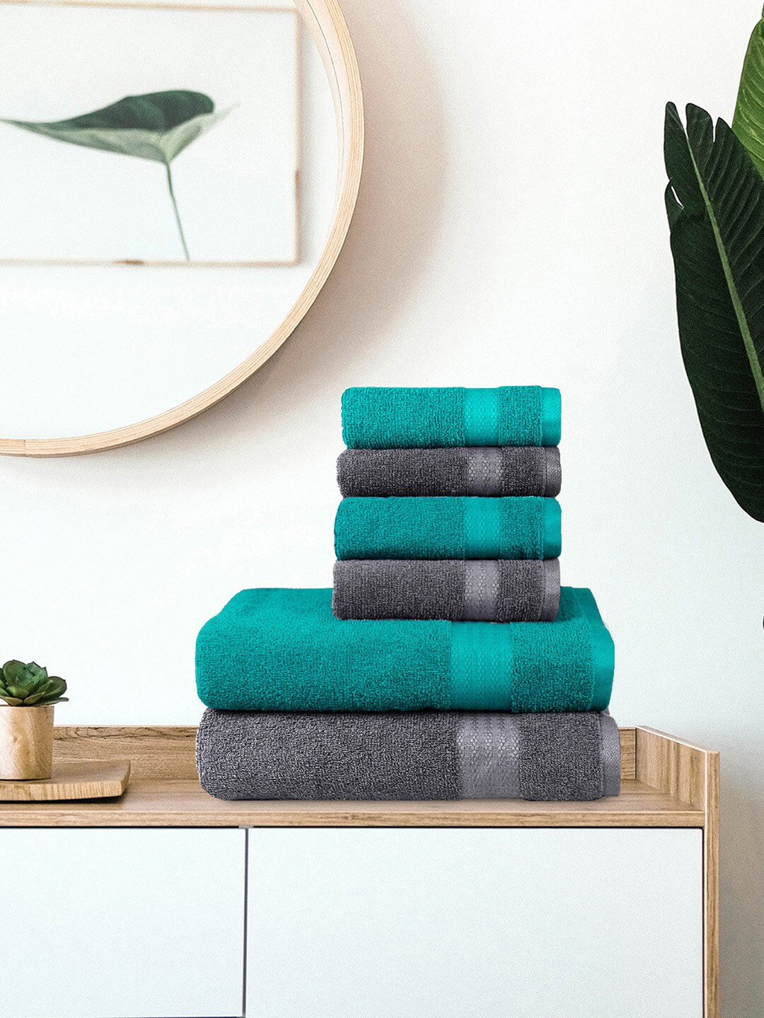 Trident Set Of 2 Teal & Grey Solid 400 GSM Pure Cotton Bath Towels With 4 Hand Towels Price in India