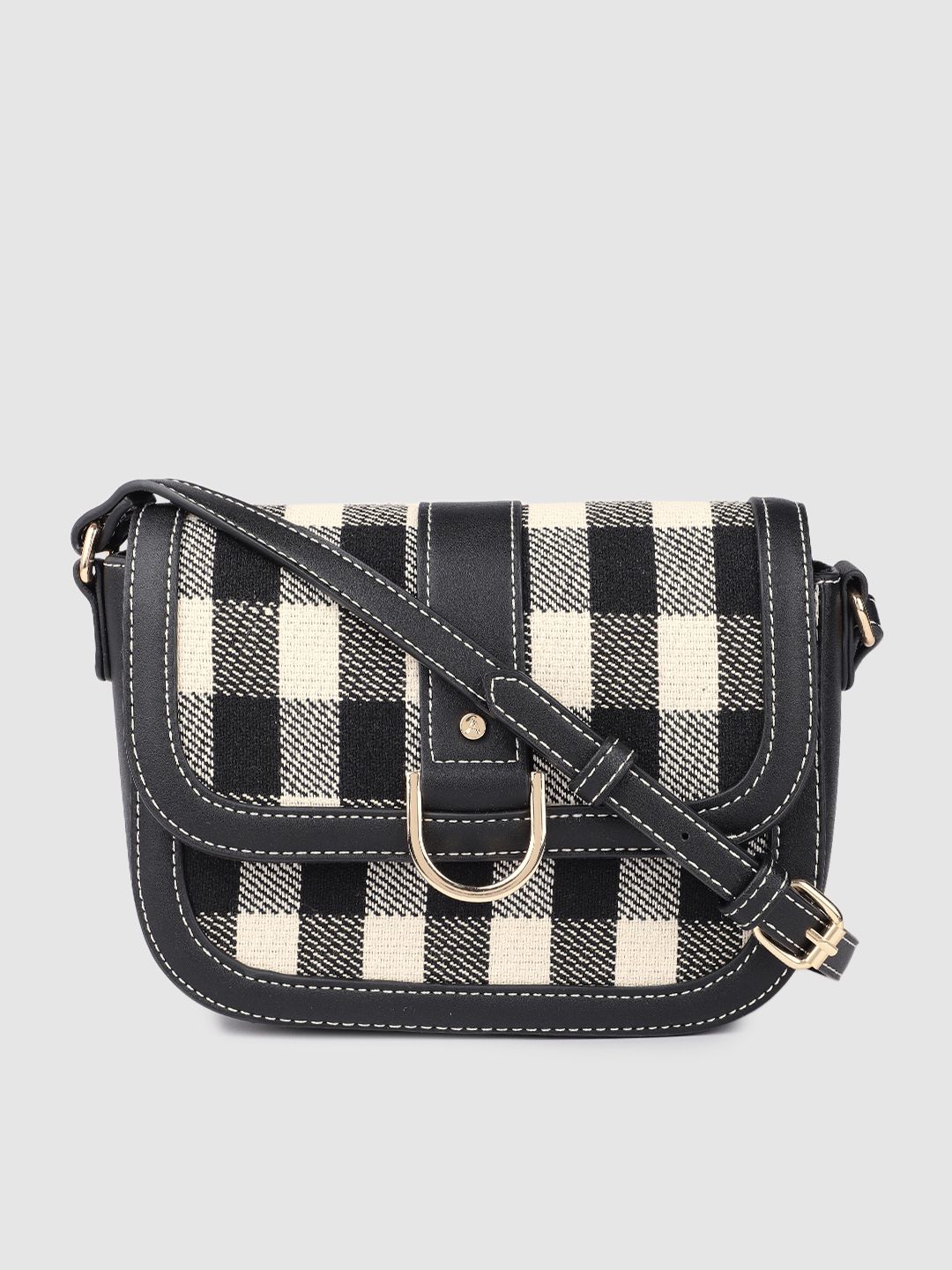 Accessorize Women Black & White Checked Structured Sling Bag Price in India