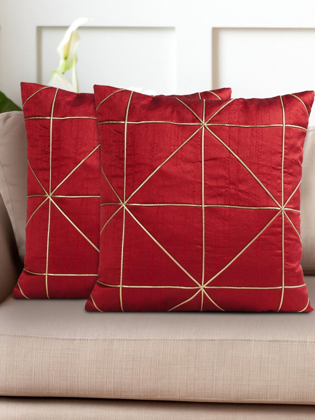 Home Centre Red & Gold-Toned Set of 2 Geometric Square Cushion Covers Price in India