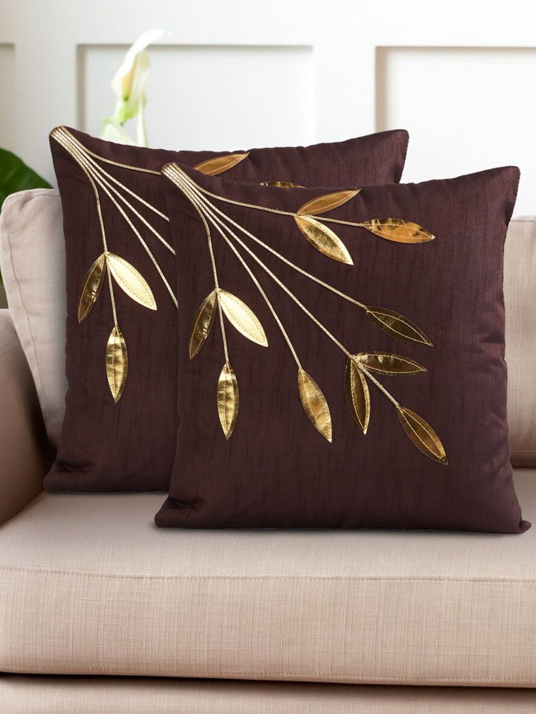 Home Centre Brown & Gold-Toned Set of 2 Floral Square Cushion Covers Price in India