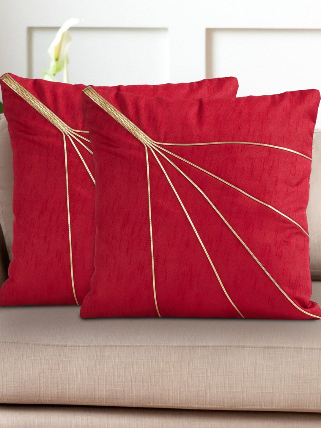 Home Centre Red & Gold-Toned Set of 2 Striped Square Cushion Covers Price in India