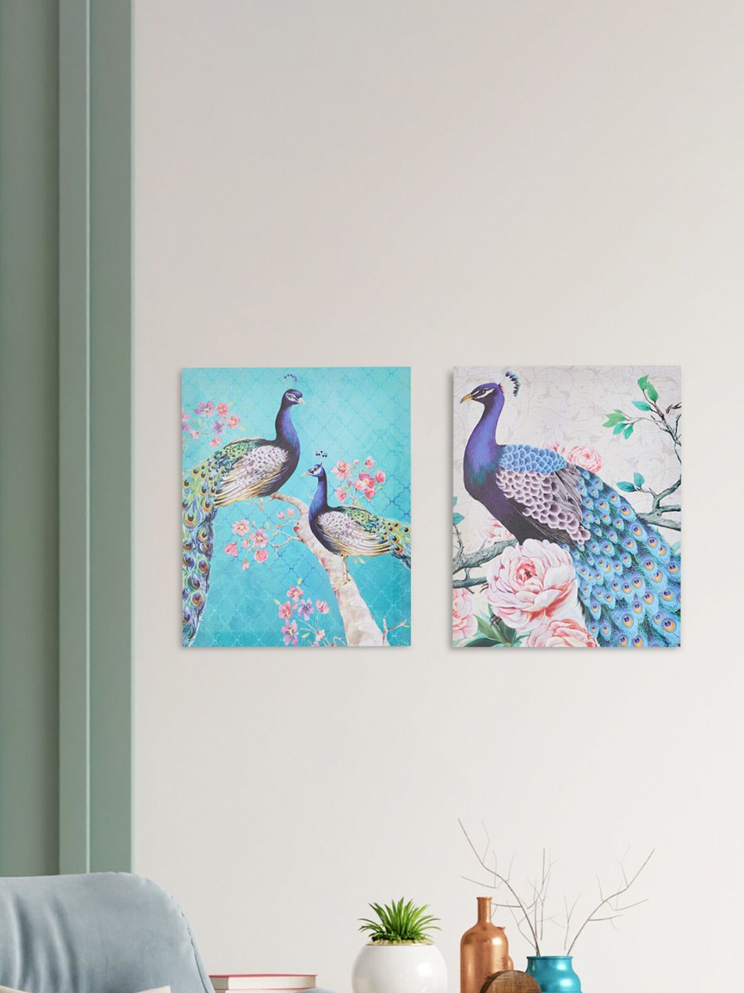 Home Centre Set of 2 Multicoloured Peacock Canvas Wall Painting Price in India