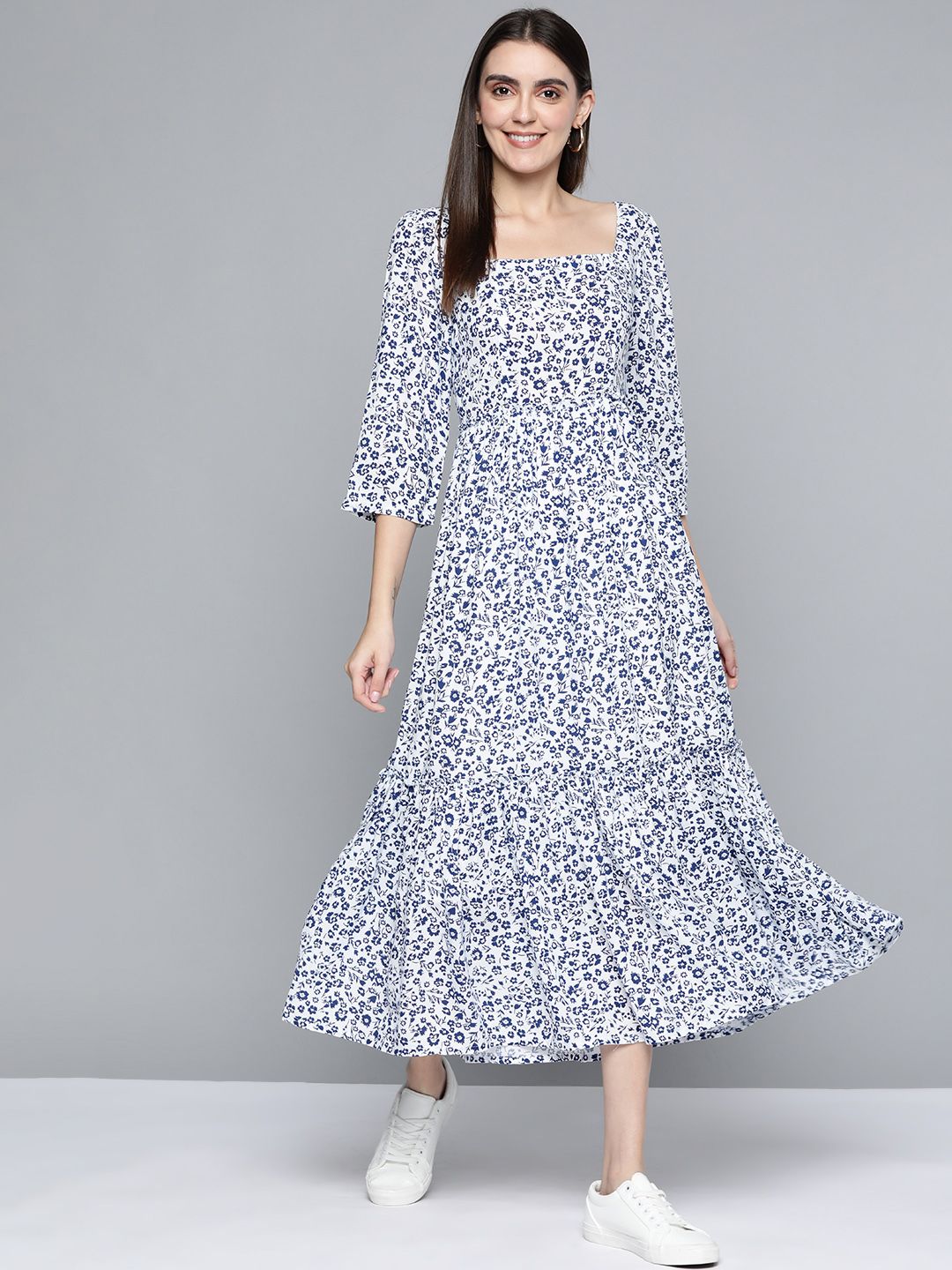 Femella Women White & Navy Blue Floral Printed A-Line Maxi Dress Price in India