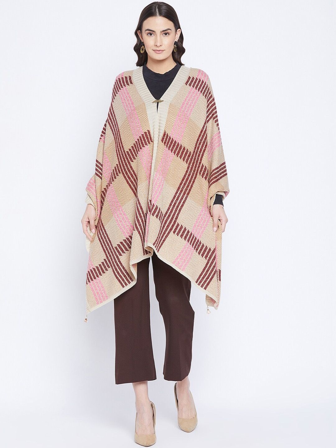 Knitstudio Women Beige & Pink Checked Knitted Shawl Price in India