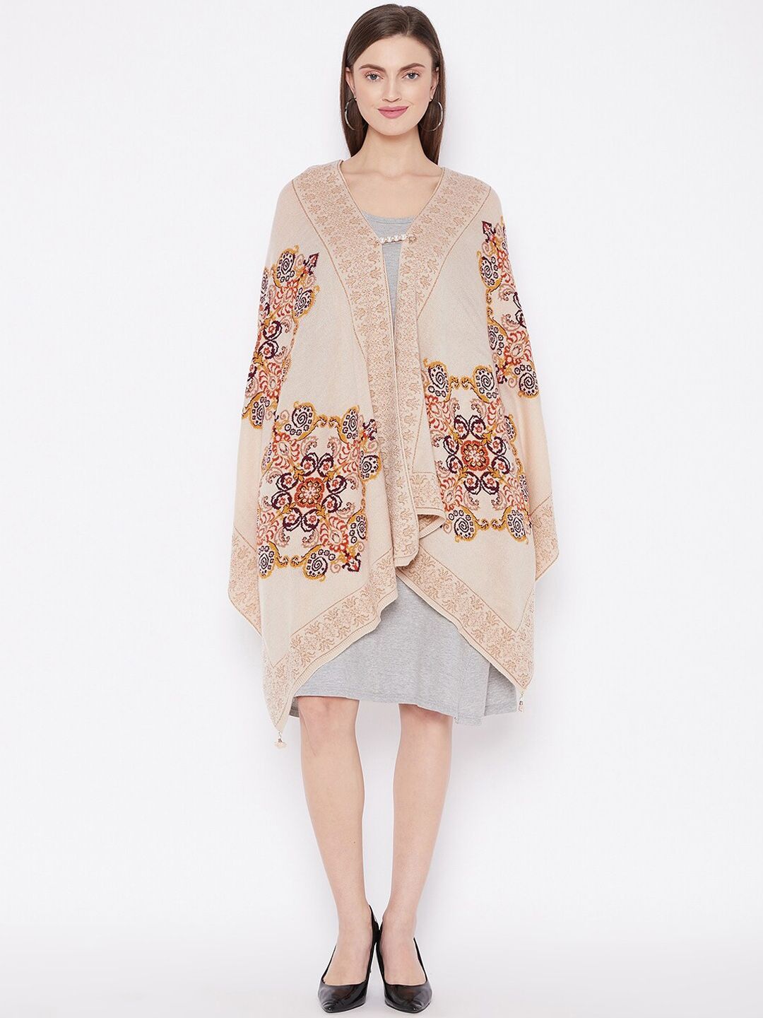 Knitstudio Women Beige Printed Knitted Shawl Price in India