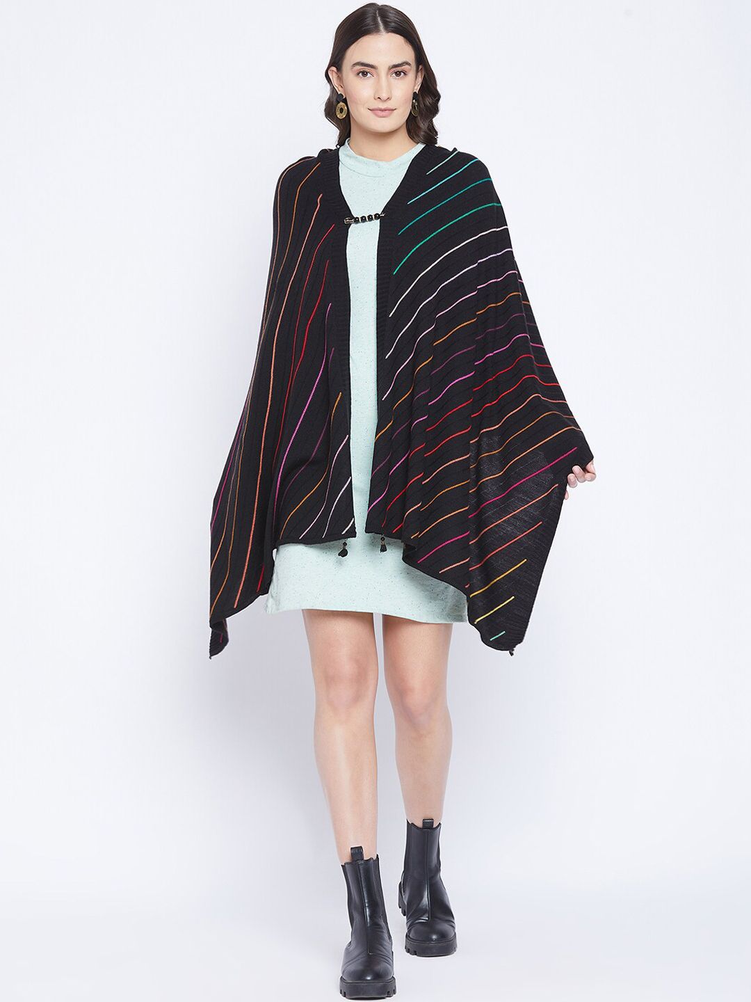 Knitstudio Women Black Striped Woolen Knitted Shawl Price in India