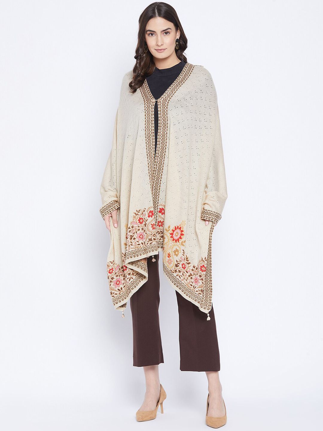 Knitstudio Women Off White & Red Botanical Printed Shawl Price in India