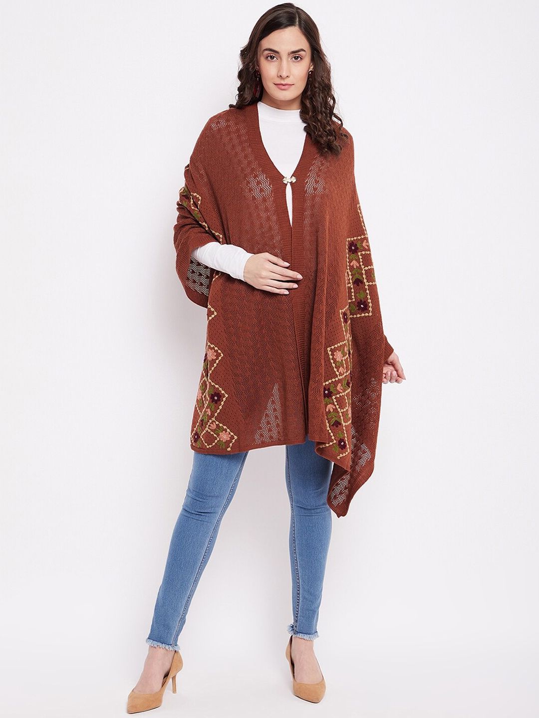 Knitstudio Women Rust Solid Knitted Shawl Price in India