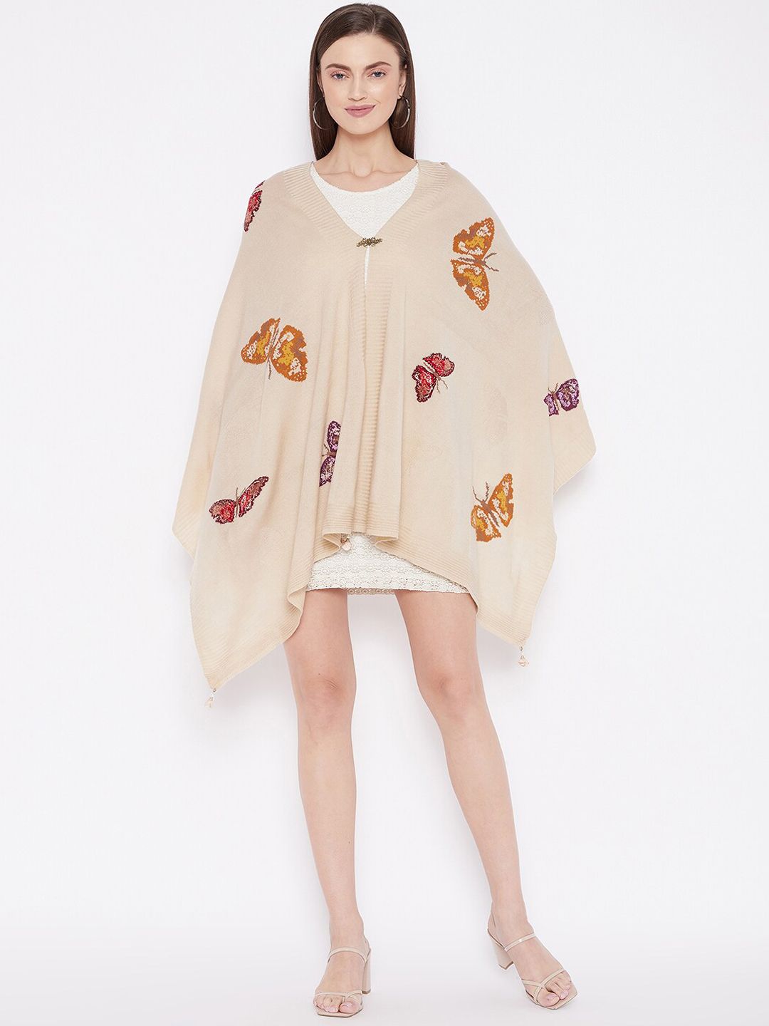 Knitstudio Women Beige & Red Printed Knitted Shawl Price in India