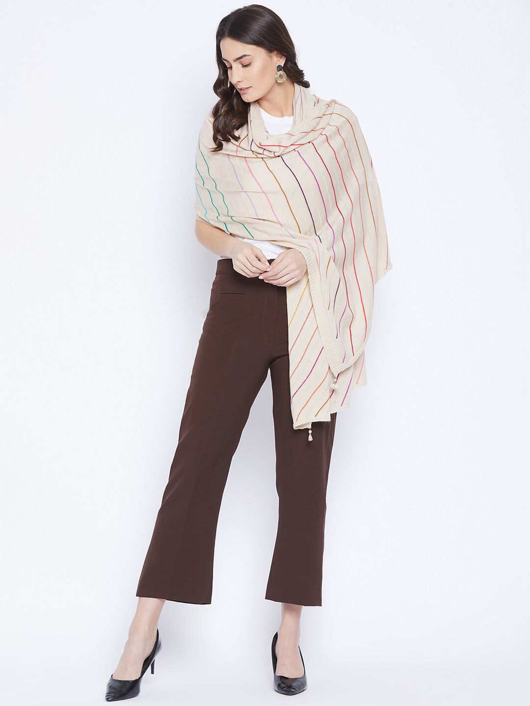 Knitstudio Women Beige & Red Striped Knitted Shawl Price in India